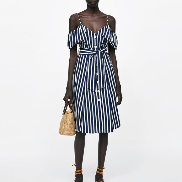 ZARA Cold Shoulder Nautical Navy Blue White Stripe Cotton Midi Dress - Picture 2 of 13